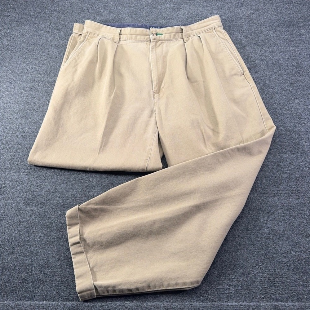 Tommy Hilfiger Mens 34x30 Khaki Pleated Chino Pants Cuffed Cotton Tan Vintage